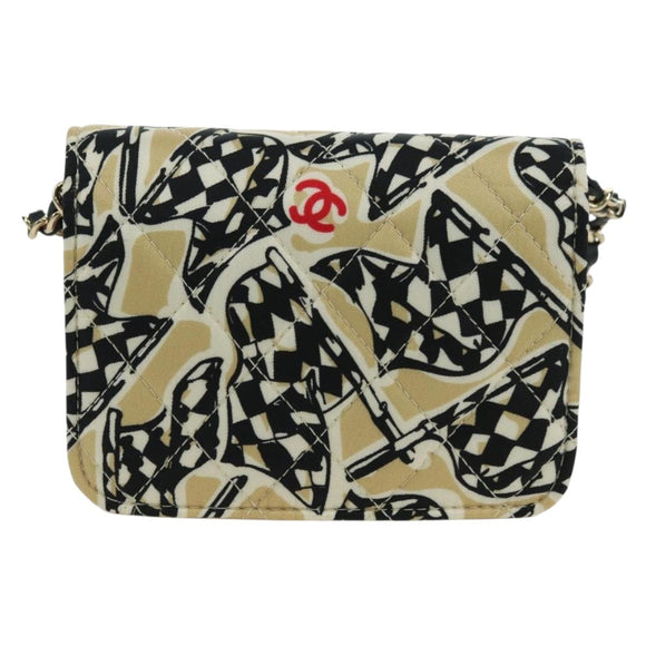 CHANEL Matelasse Checker Flag Chain Pouch Cotton Beige CC Auth YKZ1020SAM