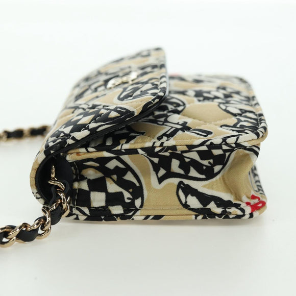 CHANEL Matelasse Checker Flag Chain Pouch Cotton Beige CC Auth YKZ1020SAM