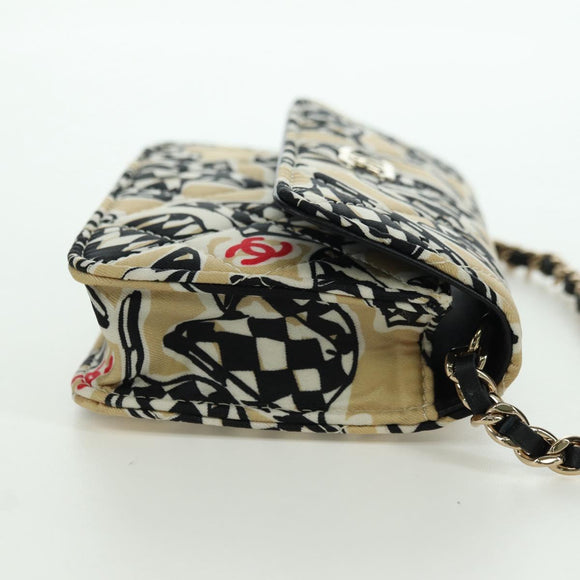CHANEL Matelasse Checker Flag Chain Pouch Cotton Beige CC Auth YKZ1020SAM