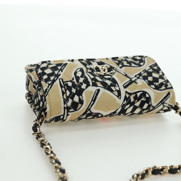 CHANEL Matelasse Checker Flag Chain Pouch Cotton Beige CC Auth YKZ1020SAM