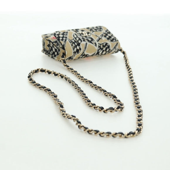 CHANEL Matelasse Checker Flag Chain Pouch Cotton Beige CC Auth YKZ1020SAM