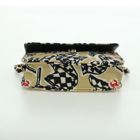 CHANEL Matelasse Checker Flag Chain Pouch Cotton Beige CC Auth YKZ1020SAM