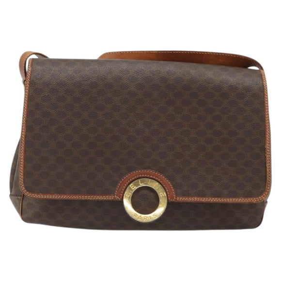 CELINE Macadam Canvas Circle Shoulder Bag PVC Leather Brown Gold Auth YKZ1025