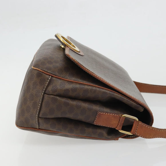 CELINE Macadam Canvas Circle Shoulder Bag PVC Leather Brown Gold Auth YKZ1025