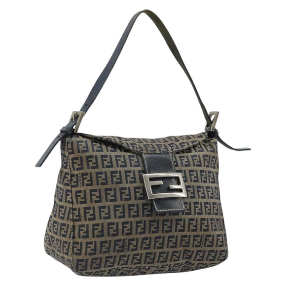 FENDI Zucchino Canvas Mamma Baguette Schultertasche Navy Silber Original YKZ1029A