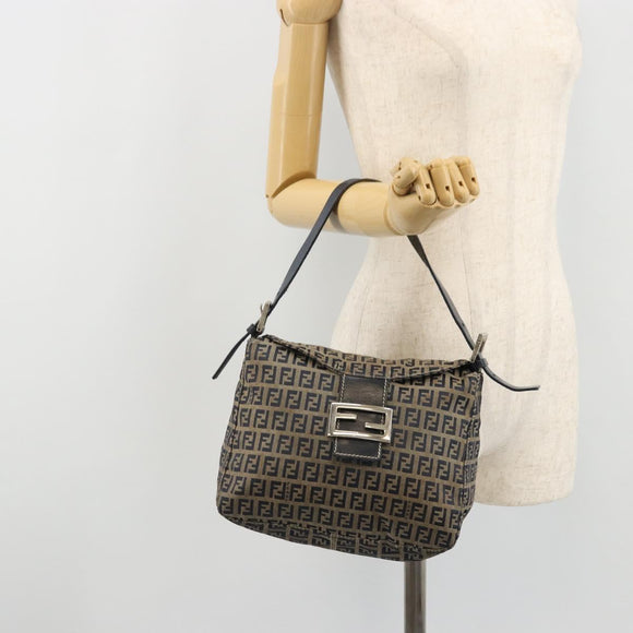 FENDI Zucchino Canvas Mamma Baguette Schultertasche Navy Silber Original YKZ1029A