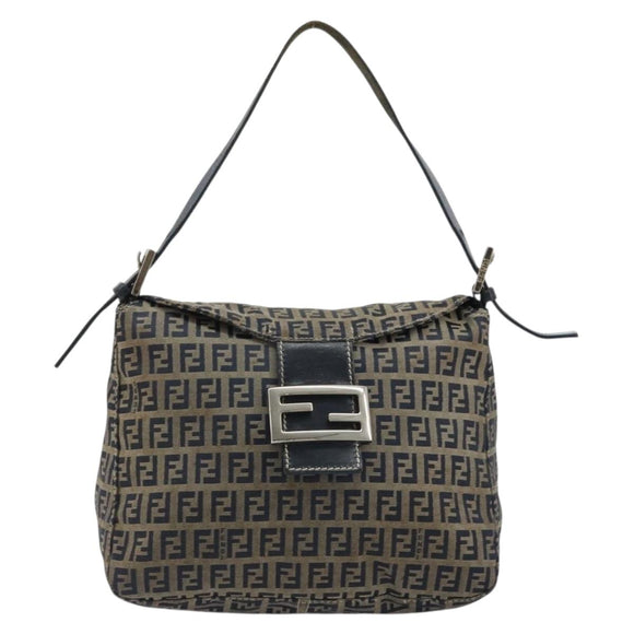 FENDI Zucchino Canvas Mamma Baguette Schultertasche Navy Silber Original YKZ1029A