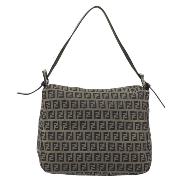 FENDI Zucchino Canvas Mamma Baguette Schultertasche Navy Silber Original YKZ1029A