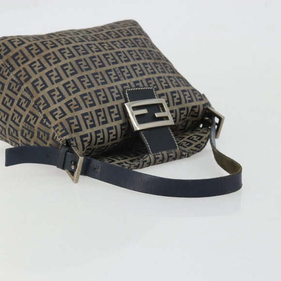 FENDI Zucchino Canvas Mamma Baguette Shoulder Bag Navy Silver Auth YKZ1029A