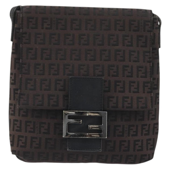 FENDI Zucchino Canvas Mamma Baguette Shoulder Bag Brown Black Auth YKZ1035A