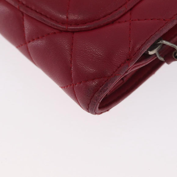 CHANEL Matelasse Bifold Wallet Lamb Skin Red Silver CC Auth YKZ104