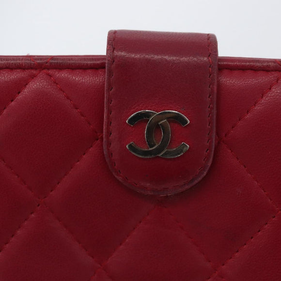 CHANEL Matelasse Bifold Wallet Lamb Skin Red Silver CC Auth YKZ104
