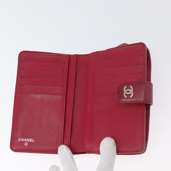 CHANEL Matelasse Bifold Wallet Lamb Skin Red Silver CC Auth YKZ104
