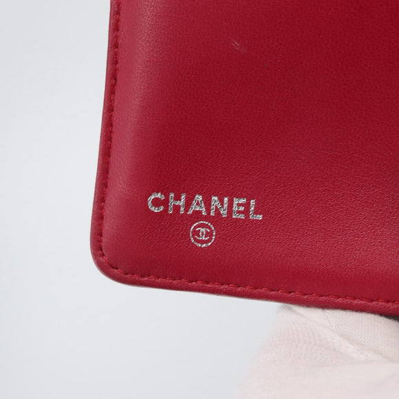 CHANEL Matelasse Bifold Wallet Lamb Skin Red Silver CC Auth YKZ104