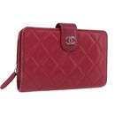 CHANEL Matelasse Bifold Wallet Lamb Skin Red Silver CC Auth YKZ104-1
