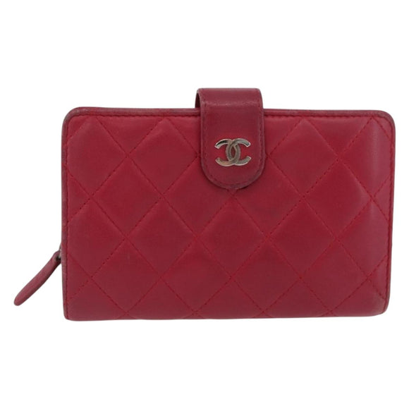 CHANEL Matelasse Bifold Wallet Lamb Skin Red Silver CC Auth YKZ104
