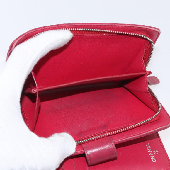 CHANEL Matelasse Bifold Wallet Lamb Skin Red Silver CC Auth YKZ104