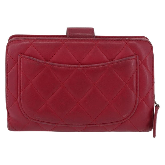CHANEL Matelasse Bifold Wallet Lamb Skin Red Silver CC Auth YKZ104
