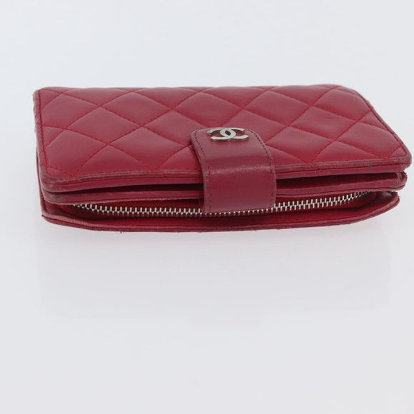 CHANEL Matelasse Bifold Wallet Lamb Skin Red Silver CC Auth YKZ104
