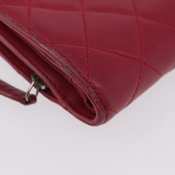 CHANEL Matelasse Bifold Wallet Lamb Skin Red Silver CC Auth YKZ104