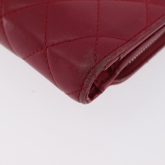 CHANEL Matelasse Bifold Wallet Lamb Skin Red Silver CC Auth YKZ104