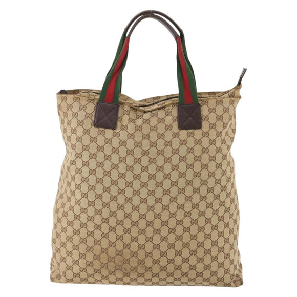 GUCCI GG Canvas Web Sherry Line Tote Bag Beige Red Green 131233 Auth YKZ1044