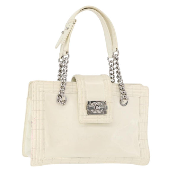 CHANEL Chain Boy Chanel Bag Patent leather White Silver CC Auth YKZ1054A