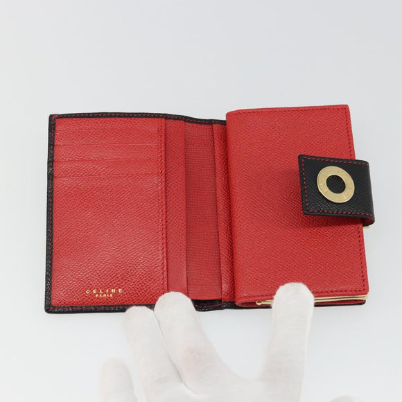 CELINE Circle Compact Wallet Leather Black Gold Auth YKZ1057A