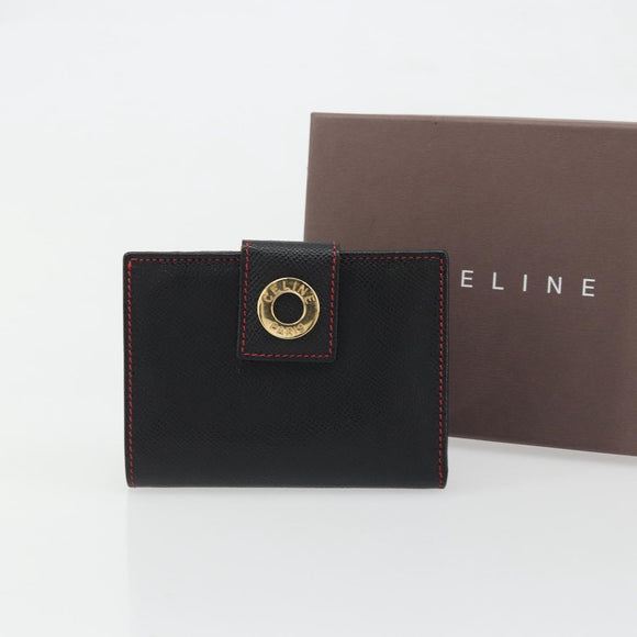 CELINE Circle Compact Wallet Leather Black Gold Auth YKZ1057A