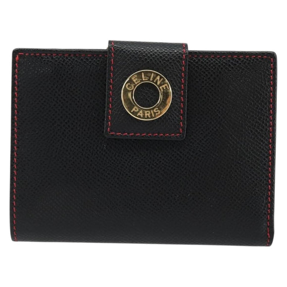 CELINE Circle Compact Wallet Leather Black Gold Auth YKZ1057A