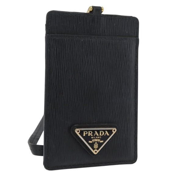PRADA Neck ID Holder Leather Black Gold Auth YKZ1060A