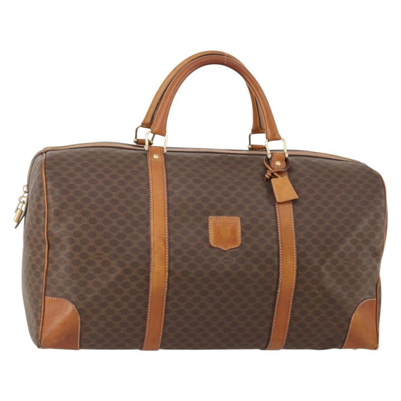CELINE Macadam Canvas Boston Bag PVC Leather Brown Gold Auth YKZ107