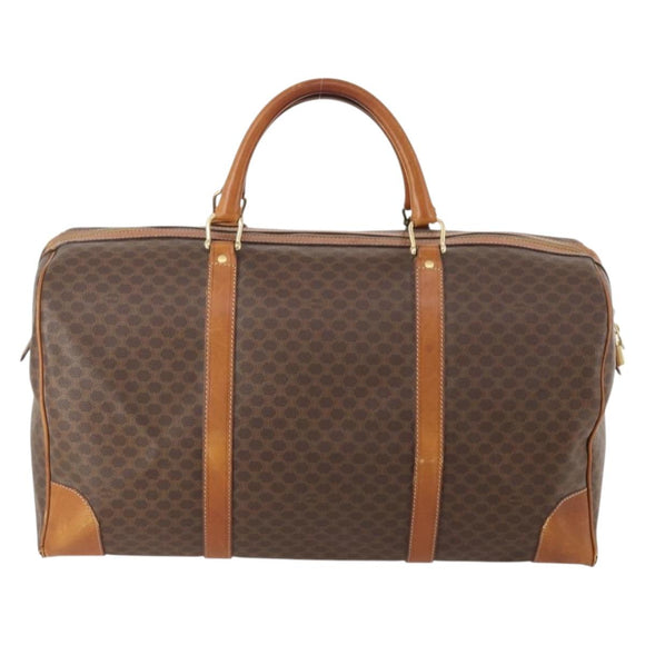 CELINE Macadam Canvas Boston Bag PVC Leather Brown Gold Auth YKZ107