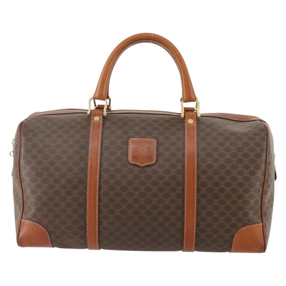 CELINE Macadam Canvas Boston Bag PVC Leather Brown Gold Auth YKZ108