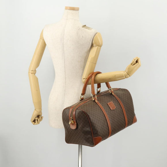 CELINE Macadam Canvas Boston Bag PVC Leather Brown Gold Auth YKZ108
