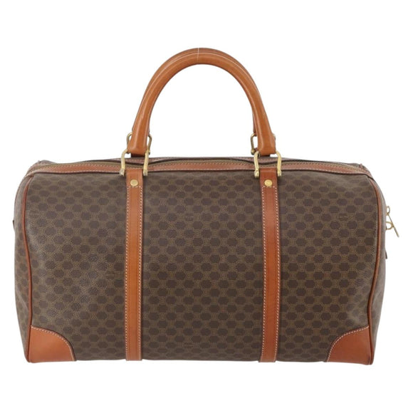 CELINE Macadam Canvas Boston Bag PVC Leather Brown Gold Auth YKZ108