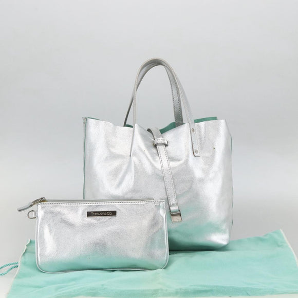 TIFFANY&Co. Reversible Tote Bag Leather Silver Auth YKZ1080