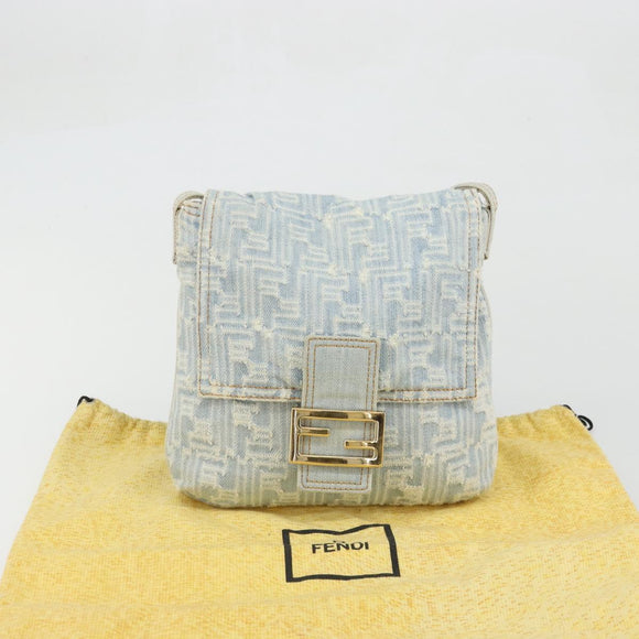 FENDI Zucca Canvas Mamma Baguette Shoulder Bag Blue Gold Auth YKZ1096V