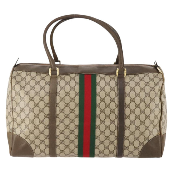 GUCCI GG Supreme Web Sherry Line Boston Bag PVC Beige Gold Red Auth YKZ109A