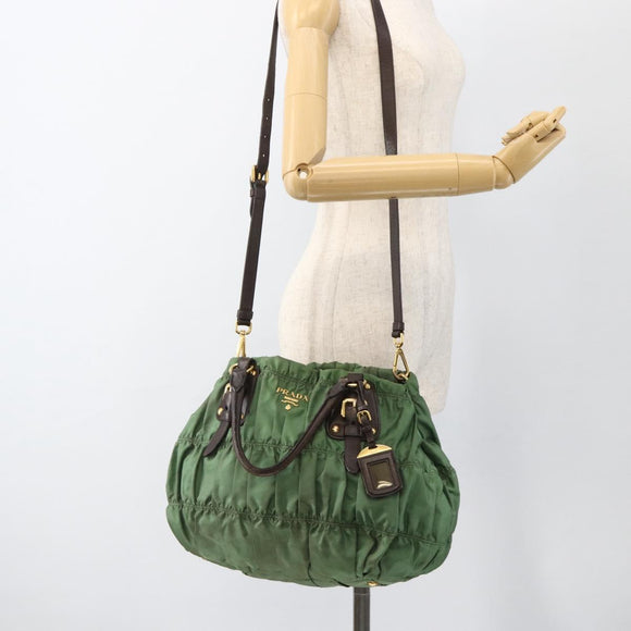 PRADA Hand Bag Nylon 2way Green Gold Auth YKZ1101