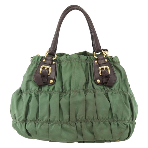 PRADA Hand Bag Nylon 2way Green Gold Auth YKZ1101