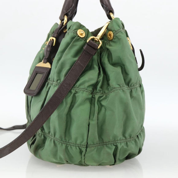 PRADA Hand Bag Nylon 2way Green Gold Auth YKZ1101