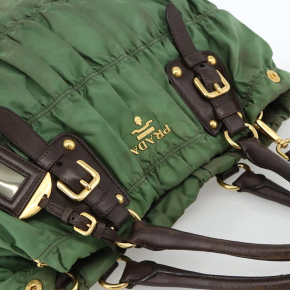 PRADA Hand Bag Nylon 2way Green Gold Auth YKZ1101