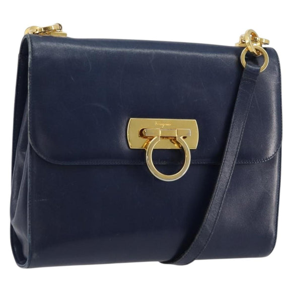 Salvatore Ferragamo Gancini Shoulder Bag Leather Navy Gold Auth YKZ1104