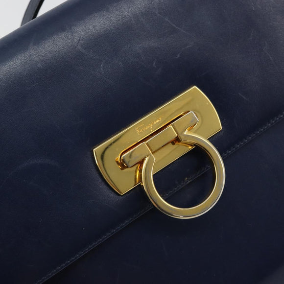 Salvatore Ferragamo Gancini Shoulder Bag Leather Navy Gold Auth YKZ1104