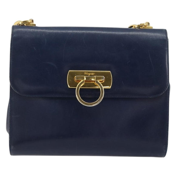 Salvatore Ferragamo Gancini Shoulder Bag Leather Navy Gold Auth YKZ1104