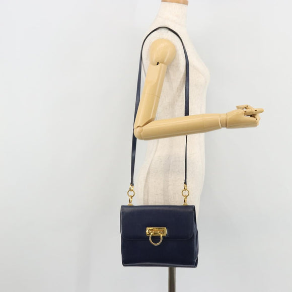 Salvatore Ferragamo Gancini Shoulder Bag Leather Navy Gold Auth YKZ1104