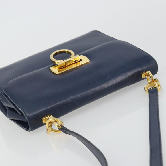 Salvatore Ferragamo Gancini Shoulder Bag Leather Navy Gold Auth YKZ1104