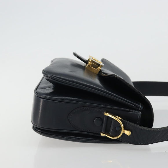 CELINE Horse Carriage Schultertasche Leder Marineblau Gold Auth YKZ1109