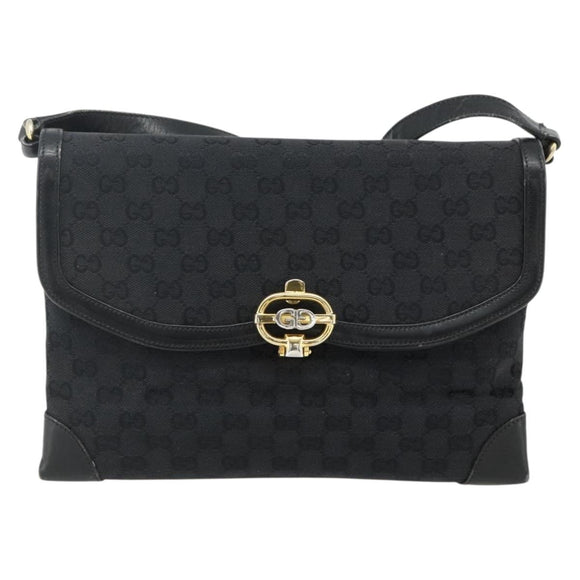 GUCCI GG Canvas Shoulder Bag Black Gold Auth YKZ1114